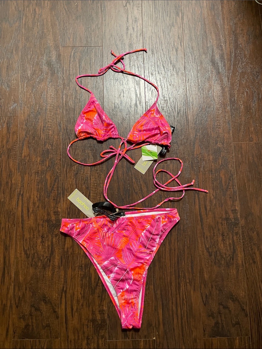 Boohoo Pink and Orange Tropical Triangle String Bikini